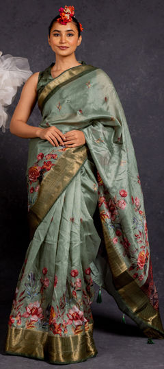 Green color Saree in Art Silk fabric with Floral, Printed work