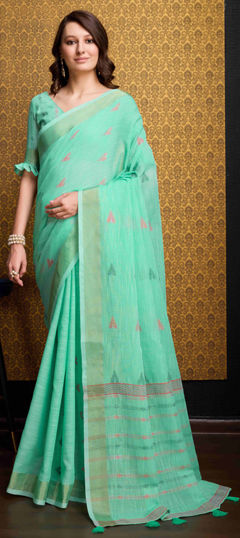 Green color Saree in Organza Silk fabric with Weaving work