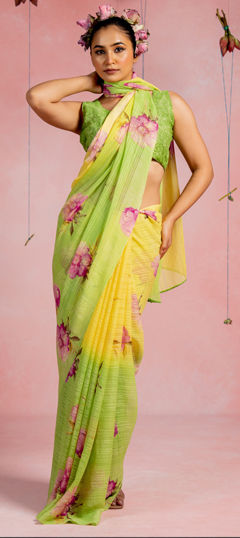 Green, Yellow color Saree in Georgette fabric with Floral, Printed work