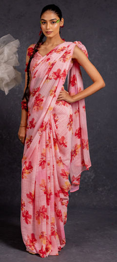 Pink and Majenta color Saree in Georgette fabric with Floral, Printed work