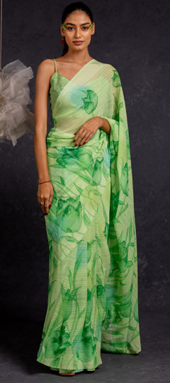 Green color Saree in Georgette fabric with Floral, Printed work