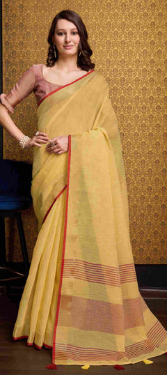 Yellow color Saree in Linen fabric with Thread work