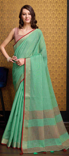 Green color Saree in Linen fabric with Thread work