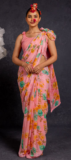 Pink and Majenta color Saree in Georgette fabric with Floral, Printed work