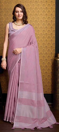 Pink and Majenta color Saree in Linen fabric with Thread work