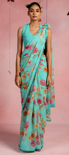 Blue color Saree in Georgette fabric with Floral, Printed work