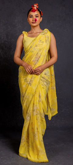 Yellow color Saree in Georgette fabric with Floral, Printed work