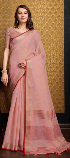 Pink and Majenta color Saree in Linen fabric with Thread work