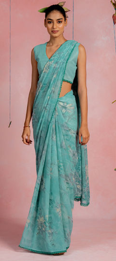 Blue color Saree in Georgette fabric with Floral, Printed work