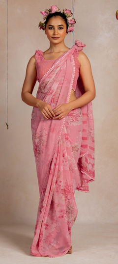 Pink and Majenta color Saree in Georgette fabric with Floral, Printed work