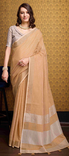 Orange color Saree in Linen fabric with Thread work