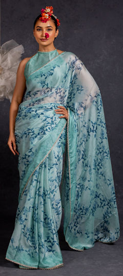 Blue color Saree in Chiffon fabric with Floral, Printed work