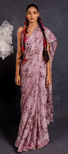 Purple and Violet color Saree in Chiffon fabric with Floral, Printed work