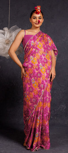 Pink and Majenta color Saree in Chiffon fabric with Floral, Printed work