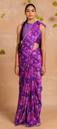 Purple and Violet color Saree in Chiffon fabric with Floral, Printed work