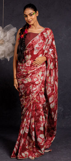 Red and Maroon color Saree in Chiffon fabric with Floral, Printed work