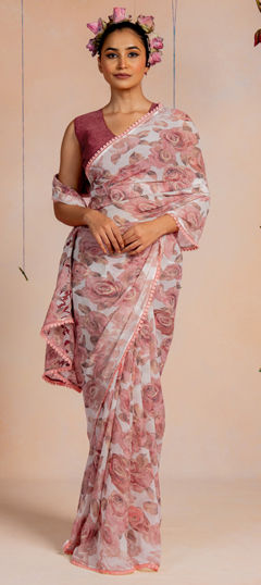 White and Off White color Saree in Georgette fabric with Floral, Printed work