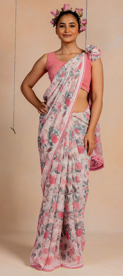 White and Off White color Saree in Georgette fabric with Floral, Printed work