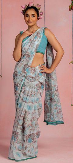 Blue color Saree in Georgette fabric with Floral, Printed work