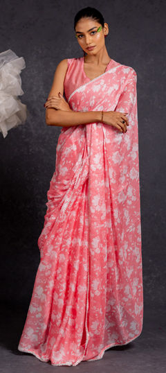 Pink and Majenta color Saree in Chiffon fabric with Floral, Printed work