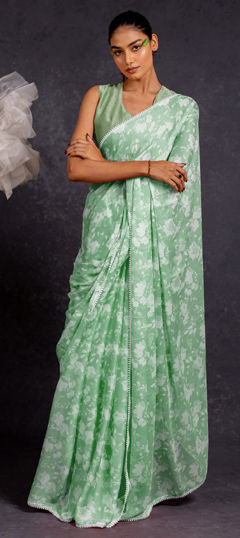 Green color Saree in Chiffon fabric with Floral, Printed work