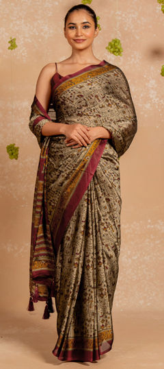 Beige and Brown color Saree in Chiffon fabric with Printed work