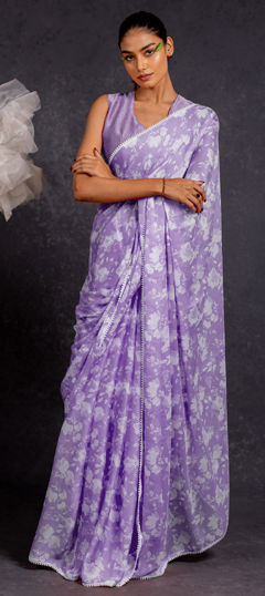 Purple and Violet color Saree in Chiffon fabric with Floral, Printed work
