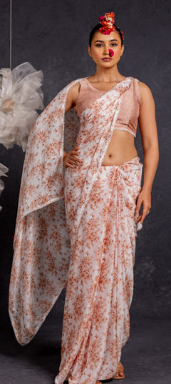 White and Off White color Saree in Chiffon fabric with Floral, Printed work