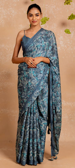 Blue color Saree in Chiffon fabric with Floral, Printed work