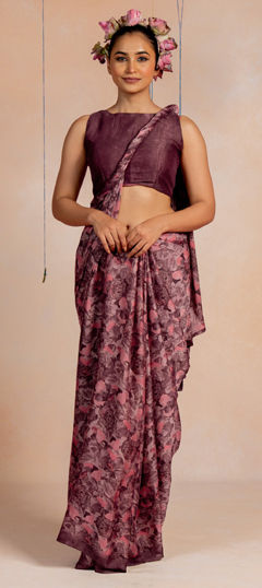 Purple and Violet color Saree in Chiffon fabric with Floral, Printed work