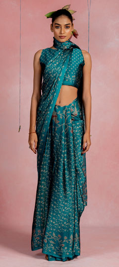Blue color Saree in Chiffon fabric with Floral, Printed work