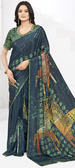 Blue color Saree in Crepe Silk fabric with Embroidered, Printed, Thread work