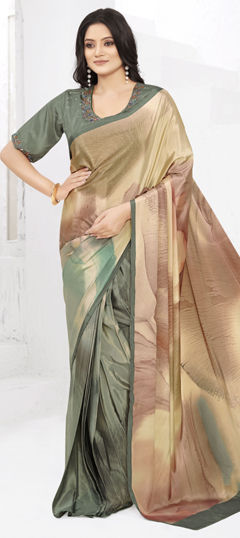 Black and Grey color Saree in Crepe Silk fabric with Embroidered, Printed, Thread work