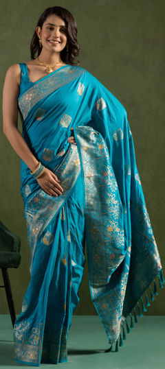 Blue color Saree in Art Silk, Silk fabric with Weaving, Zari work