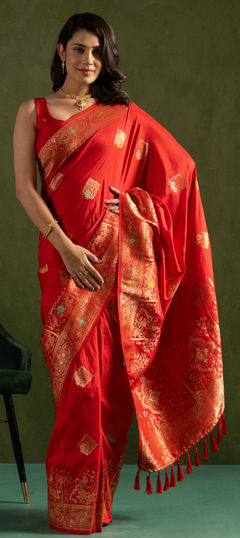Red and Maroon color Saree in Art Silk, Silk fabric with Weaving, Zari work