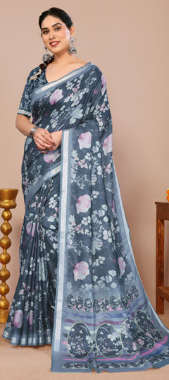 Blue color Saree in Kota Doria Silk fabric with Floral, Printed work