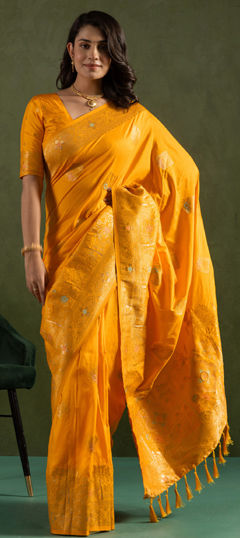 Yellow color Saree in Art Silk, Silk fabric with Weaving, Zari work
