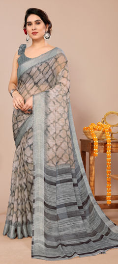 Beige and Brown color Saree in Chiffon fabric with Printed work