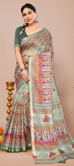Green color Saree in Kota Doria Silk fabric with Printed work