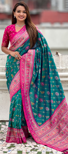 Blue color Saree in Patola Silk, Silk fabric with Weaving work