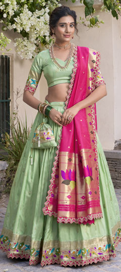 Green color Lehenga in Jacquard fabric with Embroidered, Sequence, Thread, Weaving, Zari work