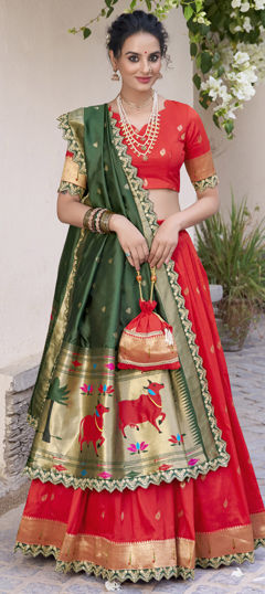 Red and Maroon color Lehenga in Jacquard fabric with Embroidered, Sequence, Thread, Weaving, Zari work