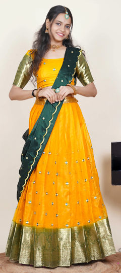 Green, Yellow color Lehenga in Organza Silk fabric with Embroidered, Resham, Thread, Weaving work