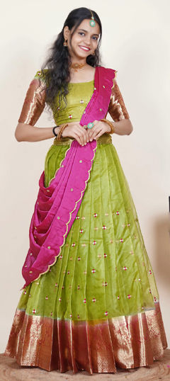 Green color Lehenga in Organza Silk fabric with Embroidered, Resham, Thread, Weaving work