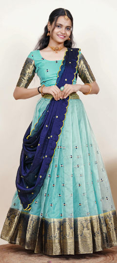 Blue color Lehenga in Organza Silk fabric with Embroidered, Resham, Thread, Weaving work