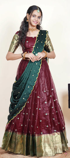 Red and Maroon color Lehenga in Organza Silk fabric with Embroidered, Resham, Thread, Weaving work
