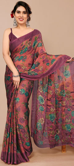 Red and Maroon color Saree in Chiffon fabric with Floral, Printed work
