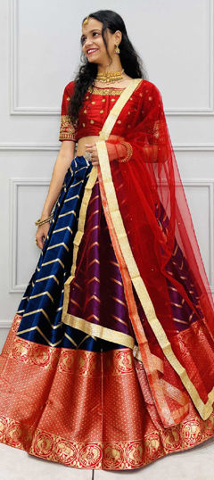 Blue, Red and Maroon color Lehenga in Silk fabric with Weaving, Zari work