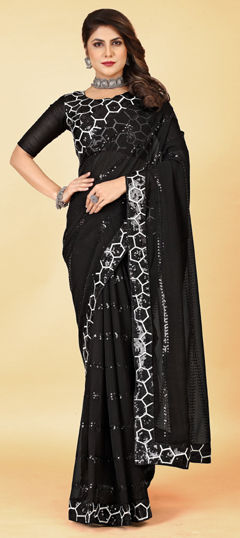 Black and Grey color Saree in Georgette fabric with Border, Sequence work