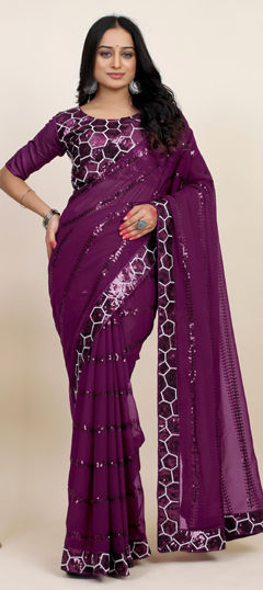 Purple and Violet color Saree in Georgette fabric with Border, Sequence work